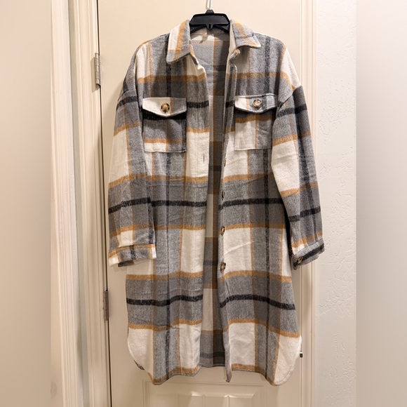 Plaid Button-Up Long Shacket - Picture 2 of 3